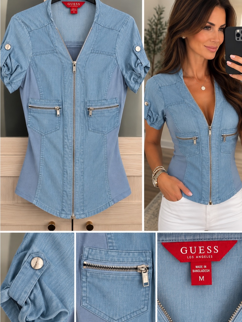 GUESS Light Blue Denim Zip-Front Short Sleeve Shirt